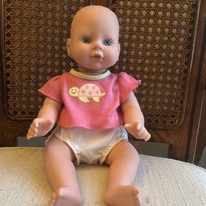 Cititoy 1997 Hard vinyl baby doll with blue eyes, pink top, cloth diapers CUTE